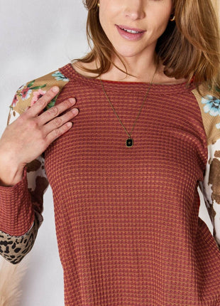 Hailey & Co Full Size Leopard Waffle-Knit Blouse - MimiStylez