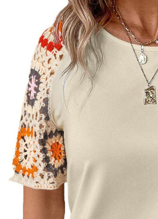 Geometric Round Neck Short Sleeve Blouse - MimiStylez