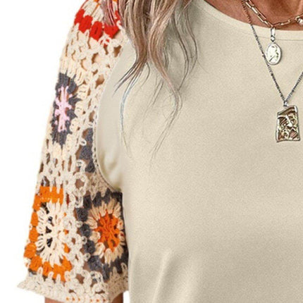 Geometric Round Neck Short Sleeve Blouse - MimiStylez