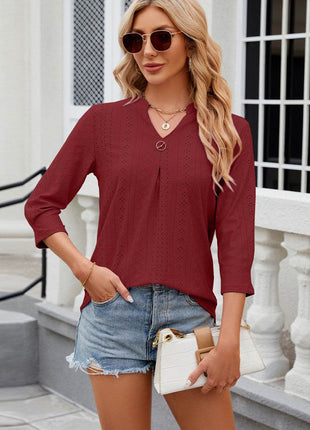 Eyelet Notched Knit Jacquard Top - MimiStylez