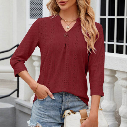 Eyelet Notched Knit Jacquard Top - MimiStylez