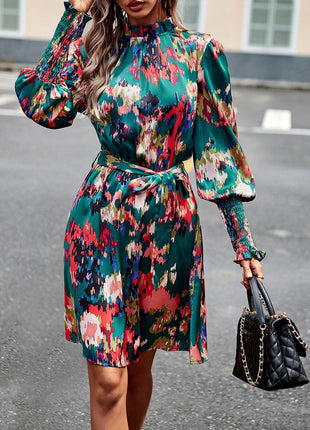 Printed Tie Waist Mock Neck Lantern Sleeve Dress - MimiStylez