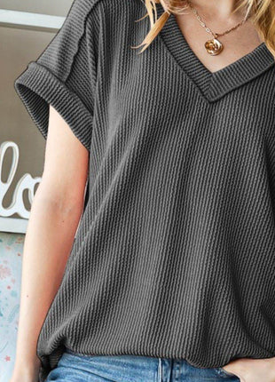 Heimish Full Size Exposed Seam Short Sleeve Ribbed Top - MimiStylez