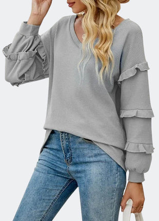Ruffled V-Neck Long Sleeve T-Shirt - MimiStylez