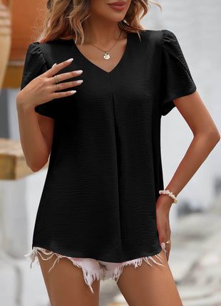 Ruche V-Neck Petal Sleeve Top - MimiStylez