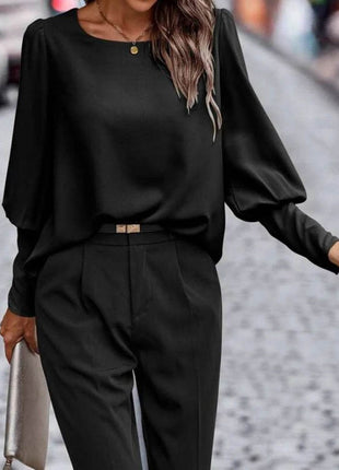 Round Neck Lantern Sleeve Blouse - MimiStylez
