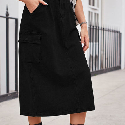 Slit Buttoned Denim Skirt with Pockets - MimiStylez