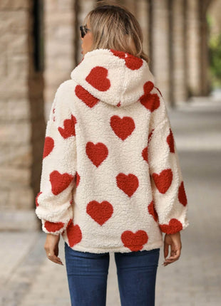 Fuzzy Heart Pocketed Dropped Shoulder Hoodie - MimiStylez