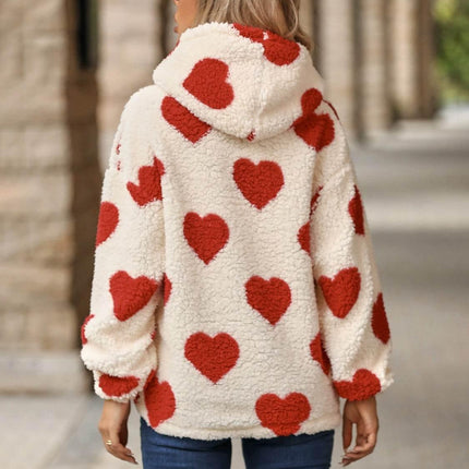 Fuzzy Heart Pocketed Dropped Shoulder Hoodie - MimiStylez