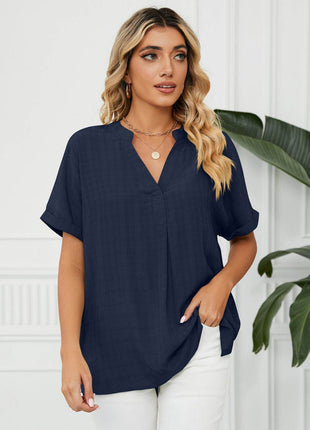 Side Slit Notched Neck Cuffed Short Sleeve Blouse - MimiStylez