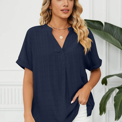 Side Slit Notched Neck Cuffed Short Sleeve Blouse - MimiStylez