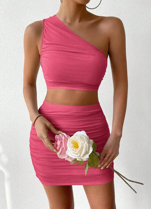 Ruched Single Shoulder Top and Skirt Set - MimiStylez