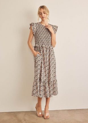 In February Floral Smocked Ruffled Midi Dress - MimiStylez