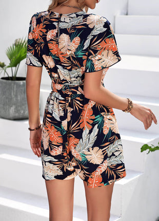 Botanical Print Surplice Neck Tie Waist Romper - MimiStylez