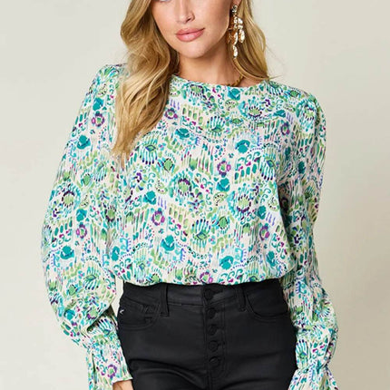 Double Take Full Size Printed Flounce Sleeve Blouse - MimiStylez