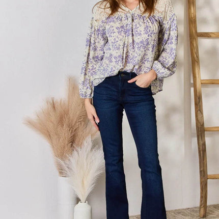 Hailey & Co Full Size Lace Detail Printed Blouse - MimiStylez