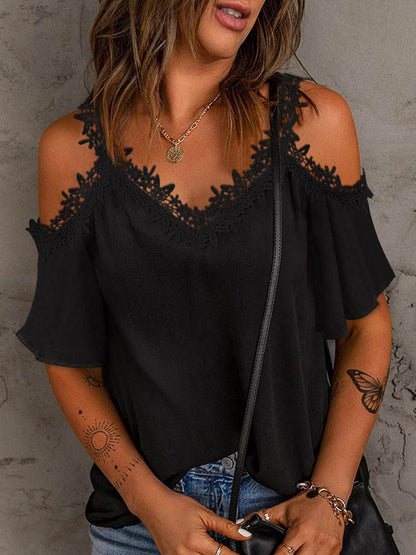 Lace Detail V-Neck Half Sleeve Blouse - MimiStylez