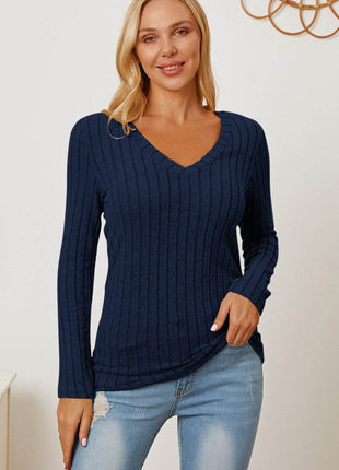 Basic Bae Full Size Ribbed V-Neck Long Sleeve T-Shirt - MimiStylez