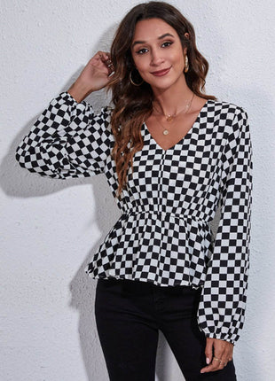 Checkered V-Neck Balloon Sleeve Peplum Blouse - MimiStylez