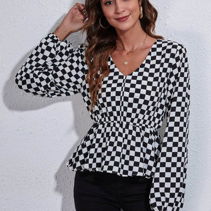 Checkered V-Neck Balloon Sleeve Peplum Blouse - MimiStylez