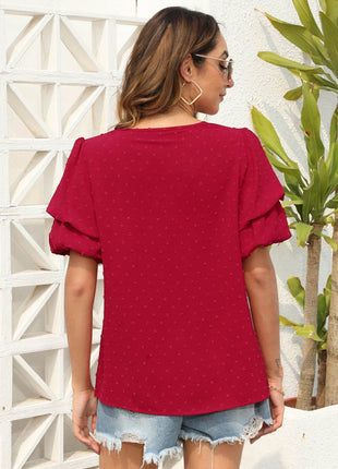 Swiss Dot V-Neck Short Sleeve Blouse - MimiStylez