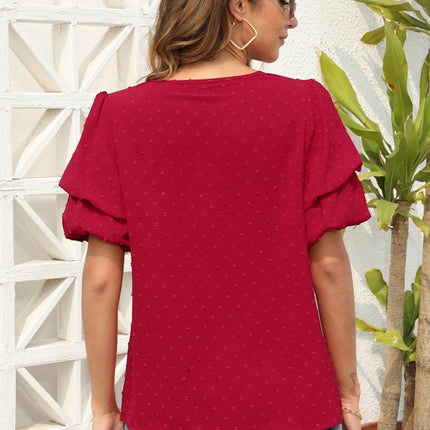 Swiss Dot V-Neck Short Sleeve Blouse - MimiStylez