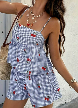 Floral Gingham Print Cami and Shorts Two-Piece Set - MimiStylez