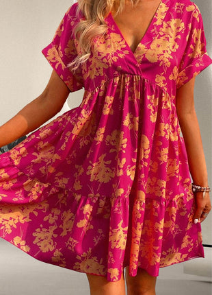 Printed Surplice Short Sleeve Mini Dress - MimiStylez