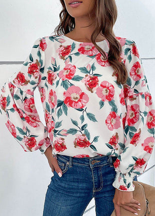Floral Long Puff Sleeve Round Neck Blouse - MimiStylez