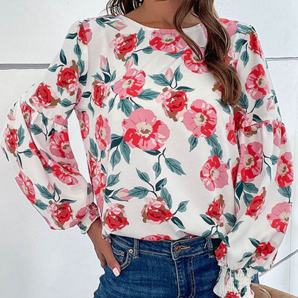 Floral Long Puff Sleeve Round Neck Blouse - MimiStylez