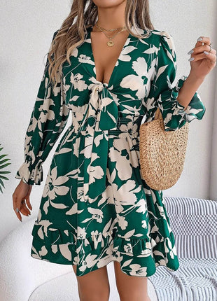 Tied Ruffled Printed Long Sleeve Dress - MimiStylez