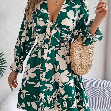 Tied Ruffled Printed Long Sleeve Dress - MimiStylez