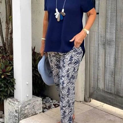 Full Size Round Neck Short Sleeve Top and Pants Set Plus Size - MimiStylez