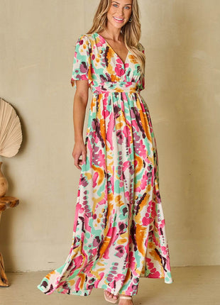 Slit Printed Surplice Short Sleeve Maxi Dress - MimiStylez