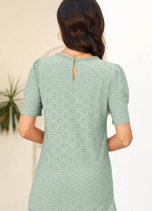 Eyelet Round Neck Short Sleeve T-Shirt - MimiStylez