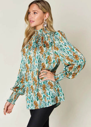 Double Take Full Size Printed Smocked Long Sleeve Blouse - MimiStylez