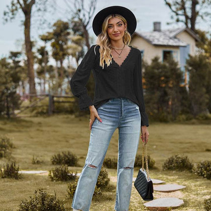 V-Neck Flounce Sleeve Blouse - MimiStylez