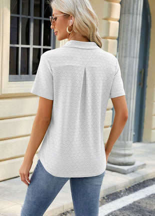 Pocketed Johnny Collar Short Sleeve Blouse - MimiStylez