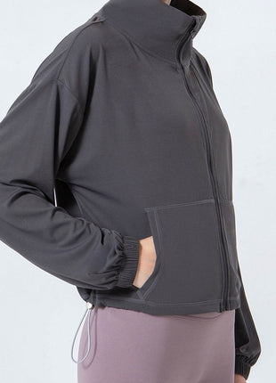 Drawstring Zip Up Dropped Shoulder Active Outerwear - MimiStylez