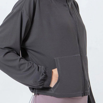 Drawstring Zip Up Dropped Shoulder Active Outerwear - MimiStylez