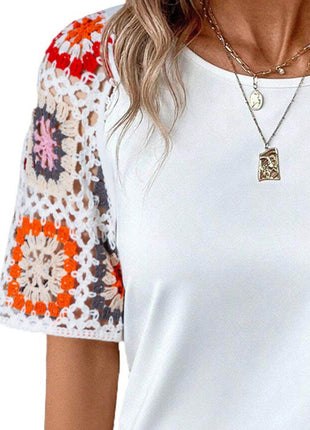 Geometric Round Neck Short Sleeve Blouse - MimiStylez