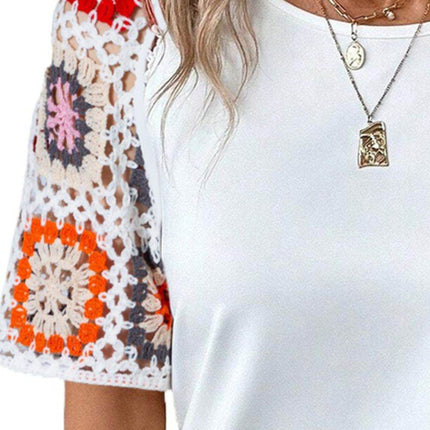 Geometric Round Neck Short Sleeve Blouse - MimiStylez