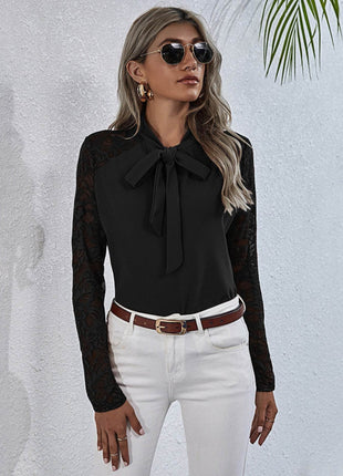 Tie Neck Spliced Lace Long Sleeve Top - MimiStylez