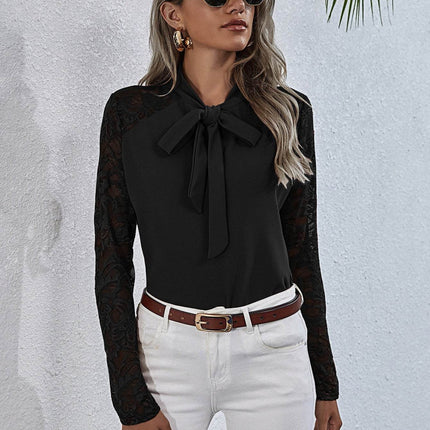 Tie Neck Spliced Lace Long Sleeve Top - MimiStylez