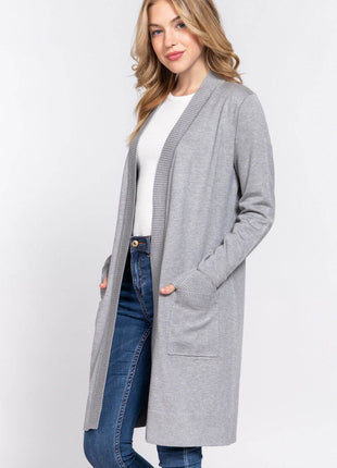 ACTIVE BASIC Open Front Rib Trim Long Sleeve Knit Cardigan - MimiStylez