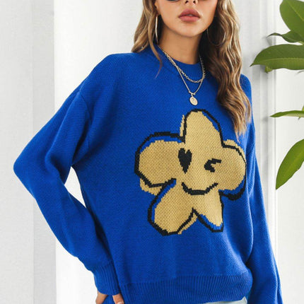 Flower Graphic Drop Shoulder Sweater - MimiStylez