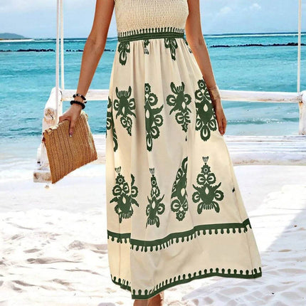 Smocked Printed Wide Strap Maxi Dress - MimiStylez
