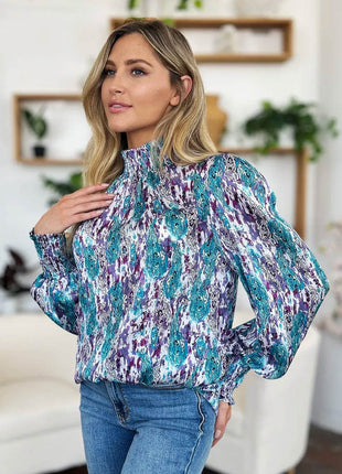 Double Take Full Size Printed Smocked Long Sleeve Blouse - MimiStylez