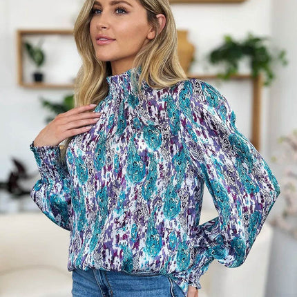 Double Take Full Size Printed Smocked Long Sleeve Blouse - MimiStylez