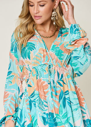 Double Take Full Size Printed V-Neck Drawstring Dress